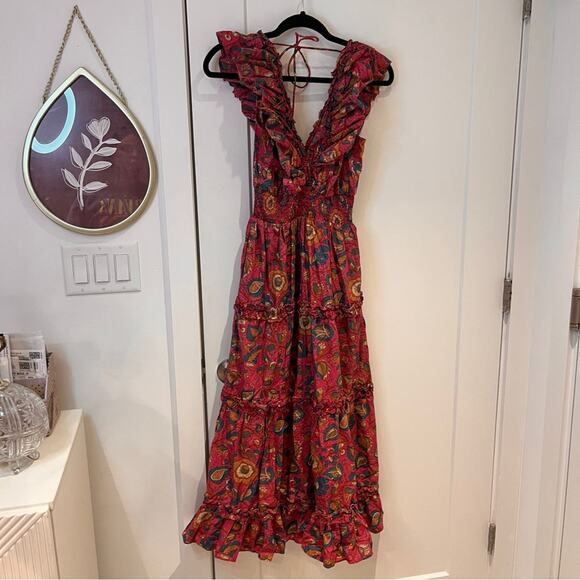 House of Harlow 1960 Wine Floral Ruffled Midi Tiered Dress Small - Picture 4 of 11